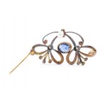 Blue sapphire diamond pearl gold silver brooch