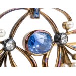 Blue sapphire diamond pearl gold silver brooch