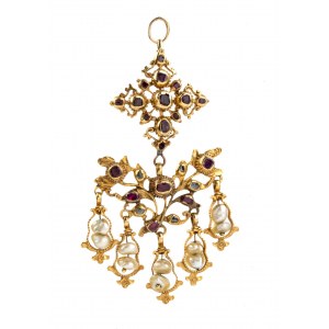 Gold pendant with precious stones and pearls