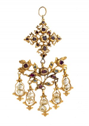 Gold pendant with precious stones and pearls