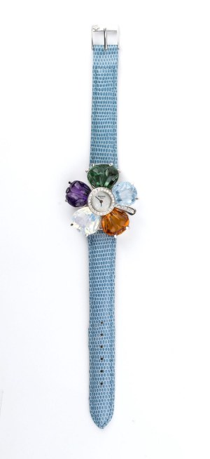 Montre-bracelet dame en or avec diamants, bracelet en cuir