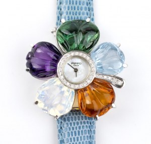 Montre-bracelet dame en or avec diamants, bracelet en cuir