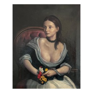 ANONIMO, Porträt einer Frau mit Blumen.
