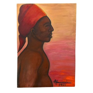 A. PANNOCCHIA, peinture à l'huile sur carton, portrait d'une femme africaine - A. Pannocchia
