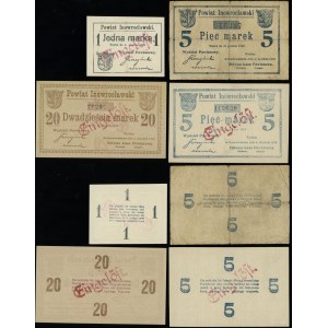 Wielkopolska, zestaw: 1 marka, 2 x 5 marek, 20 marek (fałszywe), ważne do 31.12.1919