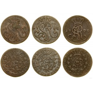 Pologne, série de 3 pièces de monnaie en cuivre, 1767, 1768, 1779, Cracovie, Varsovie
