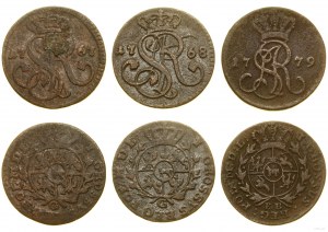 Pologne, série de 3 pièces de monnaie en cuivre, 1767, 1768, 1779, Cracovie, Varsovie