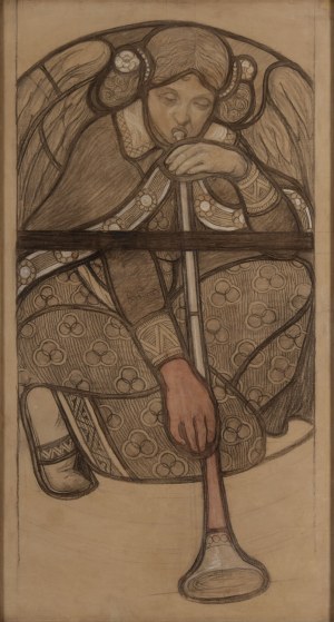 Stanisław Wyspiański (1869 Cracovia - 1907 Cracovia), Angelo che suona la tromba - progetto per una vetrata, 1899