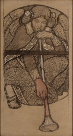 Stanisław Wyspiański (1869 Cracovie - 1907 Cracovie), Ange jouant de la trompette - projet de vitrail, 1899