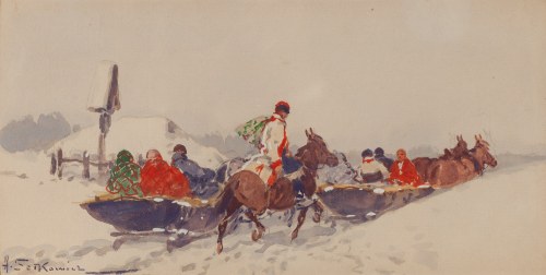 Adam Setkowicz (1879 Kraków - 1945 Kraków), Pejzaż zimowy z saniami