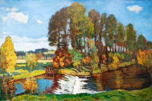 HUDECEK ANTONIN (ceco/boemo 1872-1941) - Paesaggio con zattera (grande formato)