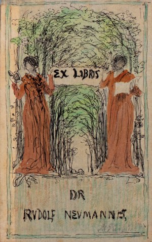 SVABINSKY MAX (ceco/boemo 1873-1962) - Progetto per Ex Libris Dr. Rudolf Neumann e biglietto da visita con messaggio di Zuzana Svabinska