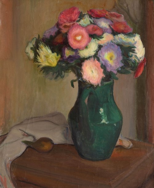 Władysław Ślewiński (1856 Białyń - 1918 Paryż), Kwiaty w wazonie z zieloną polewą (