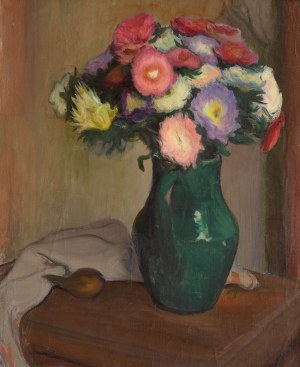 Wladyslaw Slewinski (1856 Bialyn - 1918 Parigi), Fiori in un vaso con smalto verde (