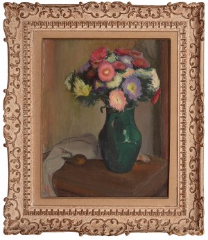 Wladyslaw Slewinski (1856 Bialyn - 1918 Parigi), Fiori in un vaso con smalto verde (