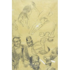 Stanislaw KAMOCKI (1875-1944), Verschiedene Skizzen einer männlichen Figur, Studien männlicher Köpfe, eines Mannes mit einer Beamtenmütze, einer Figur eines liegenden Mädchens, liegender Hunde, einer Blume in einem Topf, um 1910