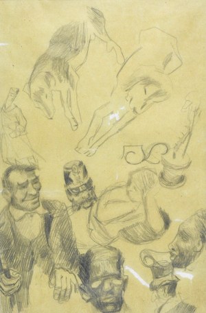 Stanisław KAMOCKI (1875-1944), Szkice różne postaci mężczyzny, studia głów męskich, mężczyzny w czapce urzędowej, postaci leżącej dziewczyny, leżących psów, kwiatu w doniczce, ok. 1910