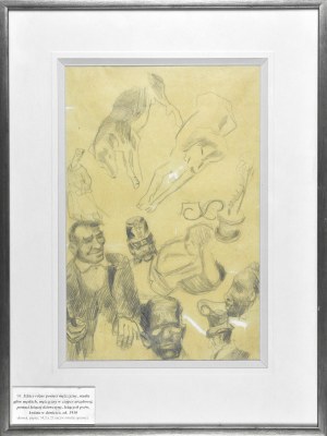 Stanislaw KAMOCKI (1875-1944), Diverses esquisses d'une figure masculine, études de têtes masculines, un homme avec une casquette de fonctionnaire, une figure de fille couchée, des chiens couchés, une fleur dans un pot, ca. 1910