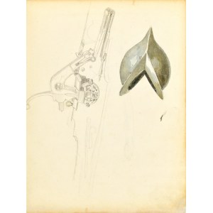 Antoni KOZAKIEWICZ (1841-1929), Skizzen eines Ritterhelms und eines Mechanismus für eine Waffe mit schwarzem Antrieb