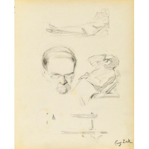 Eugeniusz ZAK (1887-1926), Esquisses d'une tête d'homme, d'une figure masculine allongée, d'un meuble, d'un chien, 1903