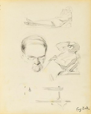 Eugeniusz ZAK (1887-1926), Skice hlavy muža, ležiacej mužskej postavy, nábytku, psa, 1903