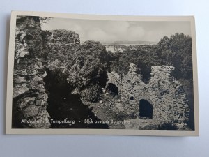 POCZTÓWKA DRAHIM, STARE DRAWSKO, CZAPLINEK, ALT DRAHEIM TEMPELBURG, RUINY ZAMKU, 1942 R, ZNACZEK, STEMPEL