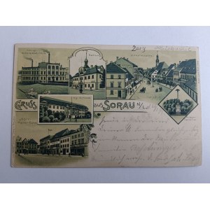 POSTKARTE ŻARY SORAU, RATHAUS, SCHULE, MARKT, DENKMAL, LITHOGRAPHIE, LANGE ADRESSE, 1899, BRIEFMARKE, STEMPELUNG