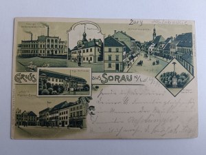 CARTOLINA ŻARY SORAU, MUNICIPIO, SCUOLA, MERCATO, MONUMENTO, LITOGRAFIA, INDIRIZZO LUNGO, 1899, FRANCOBOLLO, TIMBRATURA