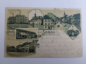POSTCARD ŻARY SORAU, TOWN HALL, SCHOOL, MARKET, MONUMENT, LITHOGRAPH, LONG ADDRESS, 1899, STAMP, STAMPED