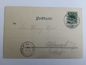 POSTCARD ŻARY SORAU, TOWN HALL, SCHOOL, MARKET, MONUMENT, LITHOGRAPH, LONG ADDRESS, 1899, STAMP, STAMPED