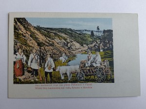 POSTKARTE KARPATY, VOLKSTÜMLICHE TYPEN, FELSIGES GEBIRGE, HOROD, FLUSS RYBNICA, VORKRIEG, DORF, UKRAINE