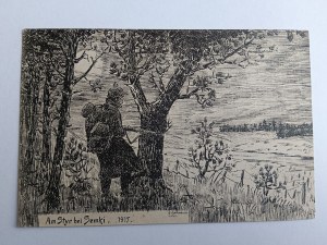 POSTCARD WOODCUT, SOLDIER, AM STYR BEI SEMKI, PRE-WAR, 1915, ŁUCK, WARASZ