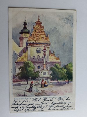 POCZTÓWKA LWÓW, KOŚCIÓŁ BERNARDYNÓW, DŁUGI ADRES 1900 R, ZNACZEK, STEMPEL