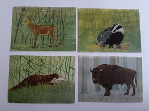 SET OF 9 POSTCARDS ANIMALS, GRAPHIC DESIGN BY JERZY HEINTZE, ROE DEER, BADGER, OTTER, BISON, DEER, WOLF, FOX, LYNX, WILD BOAR