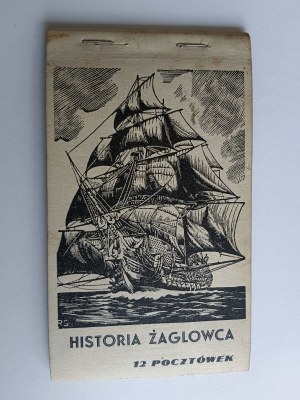 SATZ VON 12 POSTKARTEN, FALTBAR, GESCHICHTE EINES SEGELSCHIFFES, SCHIFF, HOLZSCHNITT, STANISŁAW ROLICZ, SCHIFF AMILIA, SCHIFF VICTORY, SCHIFF DAR POMORZA