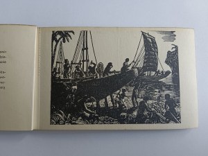 SET OF 12 POSTCARDS, FOLD-OUT, SAILING SHIP HISTORY, SHIP, WOODCUT, STANISLAW ROLICZ, SHIP AMILIA, SHIP VICTORY, SHIP DAR POMORZA