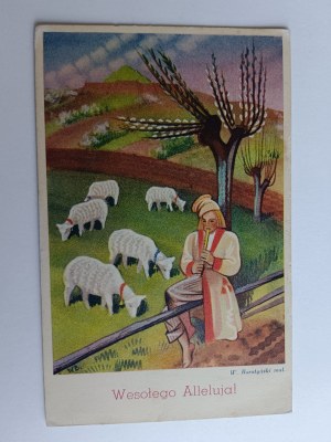 CARTE POSTALE PEINTURE POLONAISE, BORATYNSKI, HIGHLANDER, TATRA, ZAKOPANE, MOUTONS AU PÂTURAGE, SOCIÉTÉ DE L'ÉCOLE POPULAIRE, AVANT-GUERRE