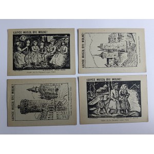 SET OF 4 CARDS, PHOTOS, WOODCUT LUSITANIA MUST BE FREE, GRODKOW GATE, OLD BUDZISZYN, AT THE CORNER, FROM THE CHURCH