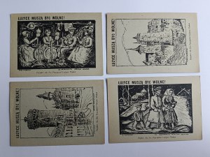 SET OF 4 CARDS, PHOTOS, WOODCUT LUSITANIA MUST BE FREE, GRODKOW GATE, OLD BUDZISZYN, AT THE CORNER, FROM THE CHURCH