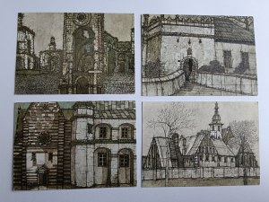 SET OF 9 POSTCARDS HISTORICAL ARCHITECTURE OF KIELECKIE PROVINCE IN DRAWINGS, MALASRTWO WIESŁAW MAJCHRZAK, DRZEWICA, OPATÓW, RADOM, SANCYGNIÓW, SANDOMIERZ, SZYDŁOWIEC, UJAZD, WĄCHOCK, WIŚLICA