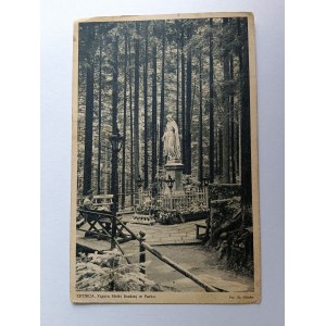 POSTCARD KRYNICA FIGURE OF GOD MOTHER IN PARK PRE-WAR, STAMP, STAMP