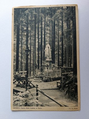 POSTCARD KRYNICA FIGURE OF GOD MOTHER IN PARK PRE-WAR, STAMP, STAMP