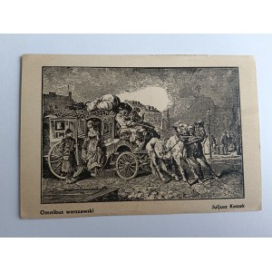 POSTCARD POLISH PAINTING, WOODCUT, WARSAW OMNIBUS, JULIUSZ KOSSAK, STAMP, 1939, WARSAW WEEK