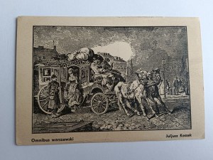 POSTCARD POLISH PAINTING, WOODCUT, WARSAW OMNIBUS, JULIUSZ KOSSAK, STAMP, 1939, WARSAW WEEK