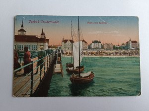 POSTCARD SWINOUJSCIE SWINEMUNDE, PIER, SAILBOAT, PRE-WAR