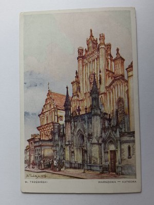 POSTCARD WARSAW CATHEDRAL, POLISH PAINTING TRZEBINSKI, PRE-WAR