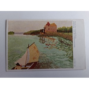 POSTCARD POLISH PAINTING BIELECKI, RUINS OF THE GRANARY ON THE VISTULA, PRE-WAR