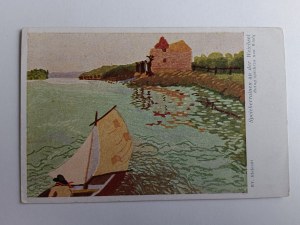 POSTKARTE GEMÄLDE POLNISCH BIELECKI, RUINEN DES SPEICHERS AM FLUSS WISLA, VORKRIEGSZEIT