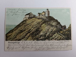 POSTKARTE KARKONOSZE RIESENGEBIRGE, ŚNIEŻKA SCHNEEKOPPE, SCGHRONISKO, VORKRIEG, KARPACZ, LANGE ADRESSE, BRIEFMARKE, STEMPELUNG