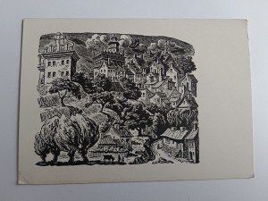 POSTCARD WOODCUT SANDOMIERZ, VIEW FROM OVER THE VISTULA RIVER